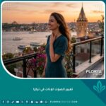 امرأة واثقة تلمس حنجرتها بلطف وتنظر إلى مضيق البوسفور في إسطنبول بتركيا بعد عملية تغيير الصوت للإناث، تجسد الأمل في صوت أنثوي وناعم.
