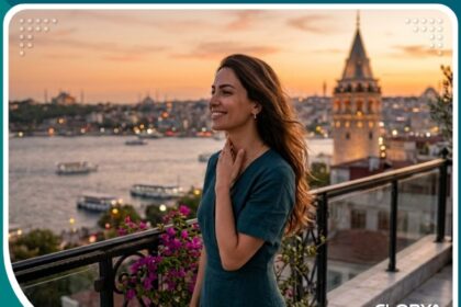 امرأة واثقة تلمس حنجرتها بلطف وتنظر إلى مضيق البوسفور في إسطنبول بتركيا بعد عملية تغيير الصوت للإناث، تجسد الأمل في صوت أنثوي وناعم.