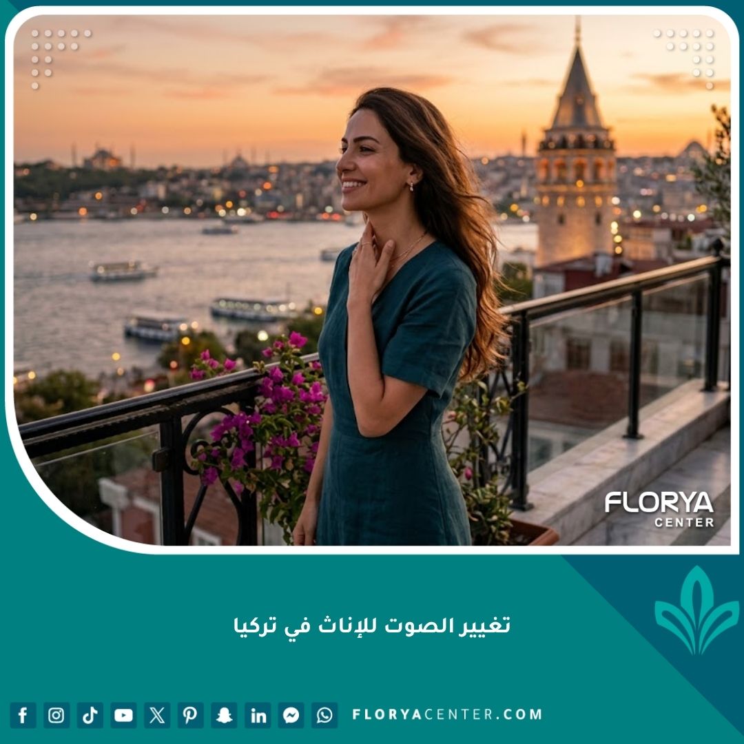 امرأة واثقة تلمس حنجرتها بلطف وتنظر إلى مضيق البوسفور في إسطنبول بتركيا بعد عملية تغيير الصوت للإناث، تجسد الأمل في صوت أنثوي وناعم.