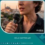شخص يتحدث بثقة بعد عملية تغيير طبقة الصوت في إسطنبول مع خلفية لآيا صوفيا ومضيق البوسفور وقت الغروب.