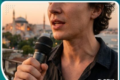 شخص يتحدث بثقة بعد عملية تغيير طبقة الصوت في إسطنبول مع خلفية لآيا صوفيا ومضيق البوسفور وقت الغروب.
