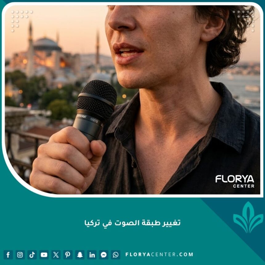 شخص يتحدث بثقة بعد عملية تغيير طبقة الصوت في إسطنبول مع خلفية لآيا صوفيا ومضيق البوسفور وقت الغروب.