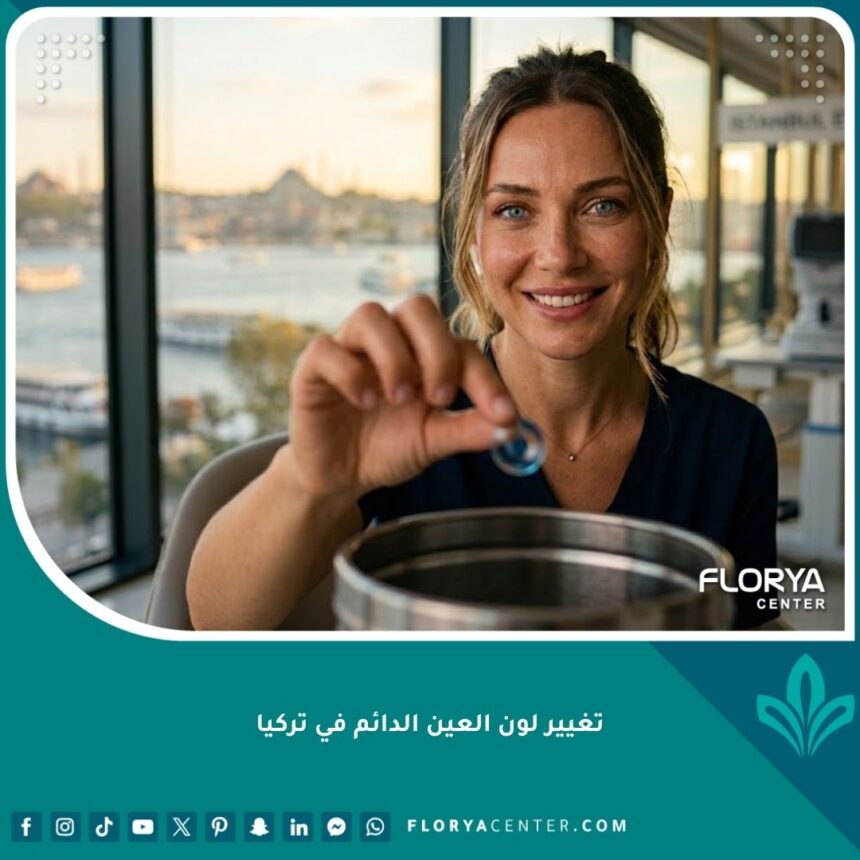 امرأة سعيدة تتخلص من العدسات اللاصقة بعد عملية تغيير لون العين الدائم في تركيا وبشكل طبيعي.