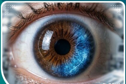 لقطة مكبرة سينمائية لعين بشرية خضعت لعملية تغيير لون العين بالقرنية (Keratopigmentation) في تركيا، تظهر امتزاج الصبغة الزرقاء الآمنة مع نسيج القرنية بشكل طبيعي وجذاب.