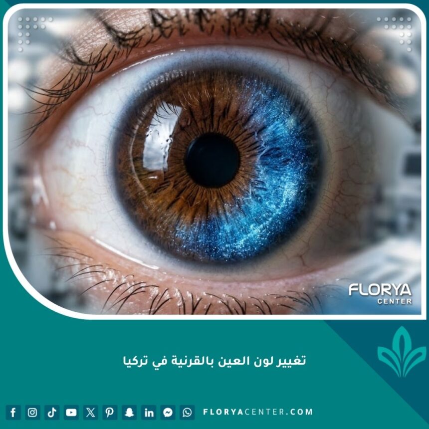 لقطة مكبرة سينمائية لعين بشرية خضعت لعملية تغيير لون العين بالقرنية (Keratopigmentation) في تركيا، تظهر امتزاج الصبغة الزرقاء الآمنة مع نسيج القرنية بشكل طبيعي وجذاب.