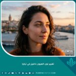 لقطة مقربة وسينمائية لعين امرأة بتركيز ناعم، تظهر تدرجاً لونياً جذاباً (مثل العسلي أو الأخضر) مع خلفية ضبابية تلمح إلى مضيق البوسفور وبرج غالاتا في اسطنبول عند الغروب، ترمز لخدمات تغيير لون العين بالليزر في تركيا كخيار آمن وجمالي.
