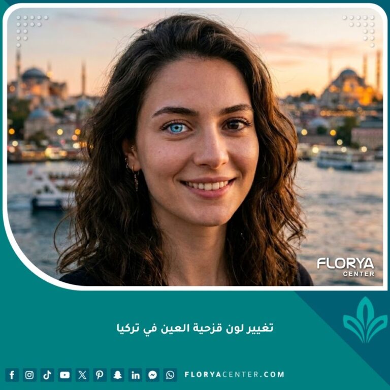 صورة مميزة تُظهر تغيير لون قزحية العين من البني إلى الأزرق الساطع، مع خلفية لمدينة إسطنبول ومضيق البوسفور، تعبر عن تجربة تغيير لون العين في تركيا.