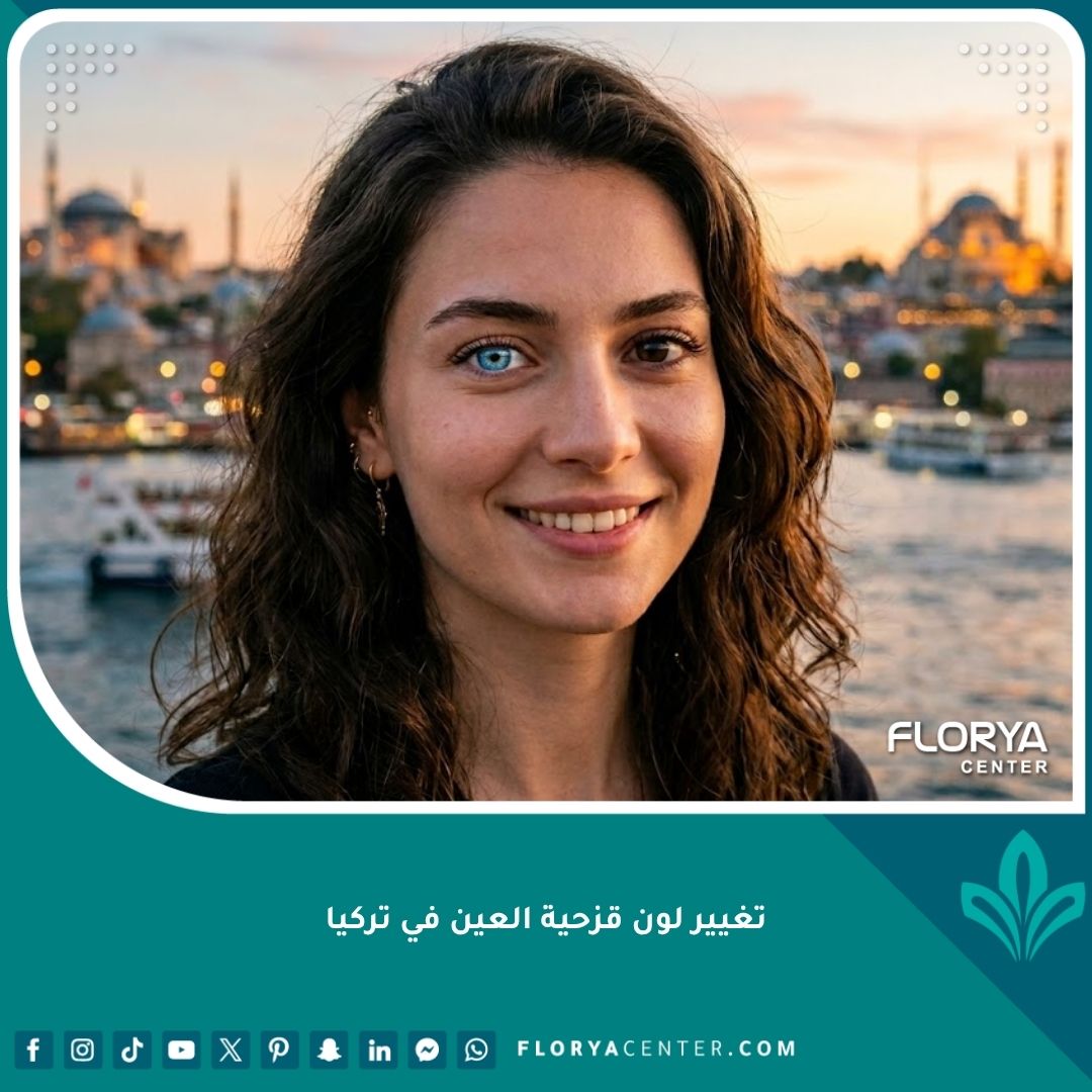 صورة مميزة تُظهر تغيير لون قزحية العين من البني إلى الأزرق الساطع، مع خلفية لمدينة إسطنبول ومضيق البوسفور، تعبر عن تجربة تغيير لون العين في تركيا.