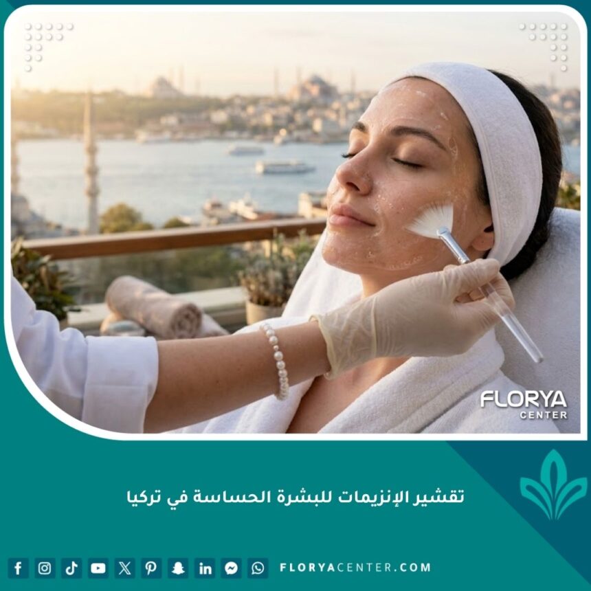 امرأة تخضع لجلست تقشير إنزيمي لطيف للبشرة الحساسة في عيادة تجميل في اسطنبول مطلة على البوسفور.