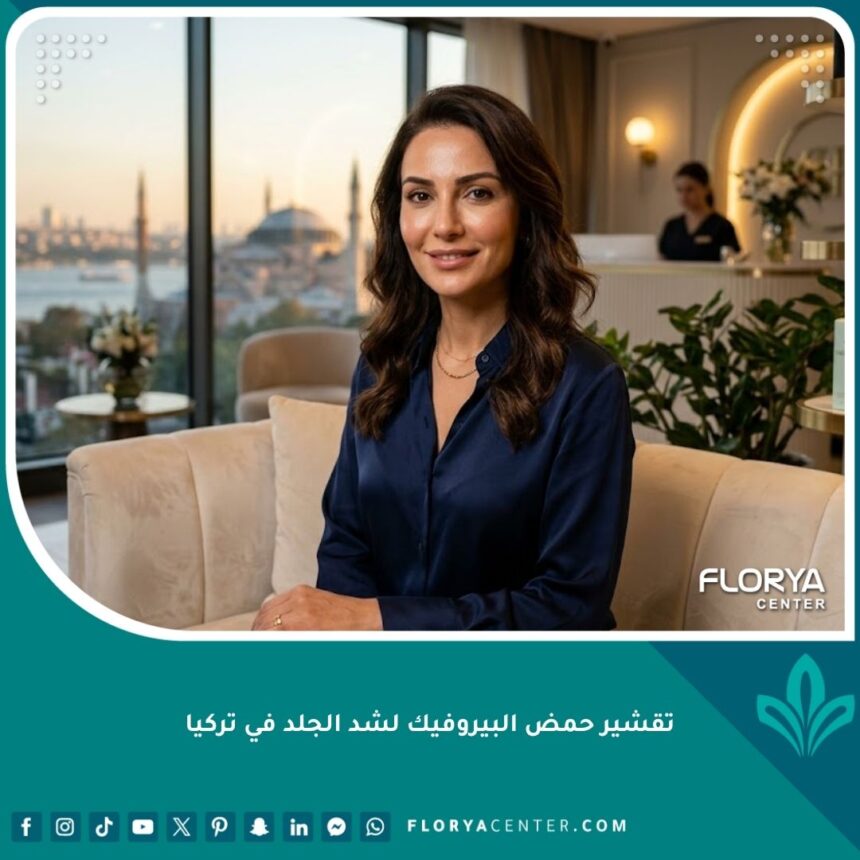 امرأة ذات بشرة مشدودة ونضرة بعد علاج تقشير حمض البيروفيك في عيادة تجميل في تركيا مع إطلالة على البوسفور.