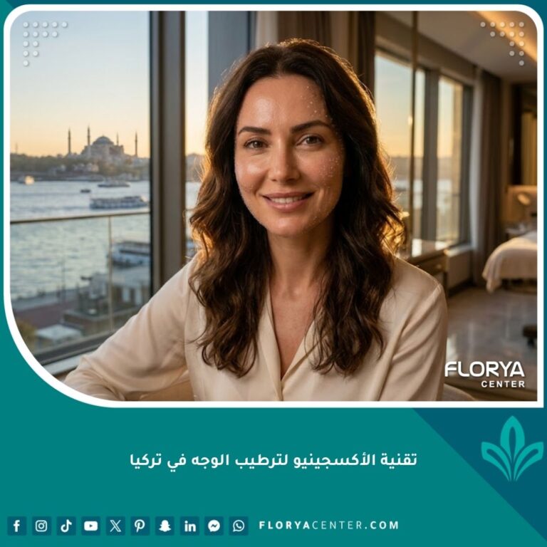 امرأة تتمتع ببشرة نضرة ولامعة بعد جلسة أكسجينيو للوجه في تركيا مع إطلالة على البوسفور، تعبر عن النضارة الفورية للمناسبات.