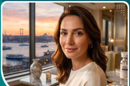امرأة شابة تتمتع ببشرة متألقة ومشدودة بعد الخضوع لجلسة البيو-ريفايتاليزيشن الإيطالية في إسطنبول، تركيا. تظهر زجاجة جالو برو في الخلفية.