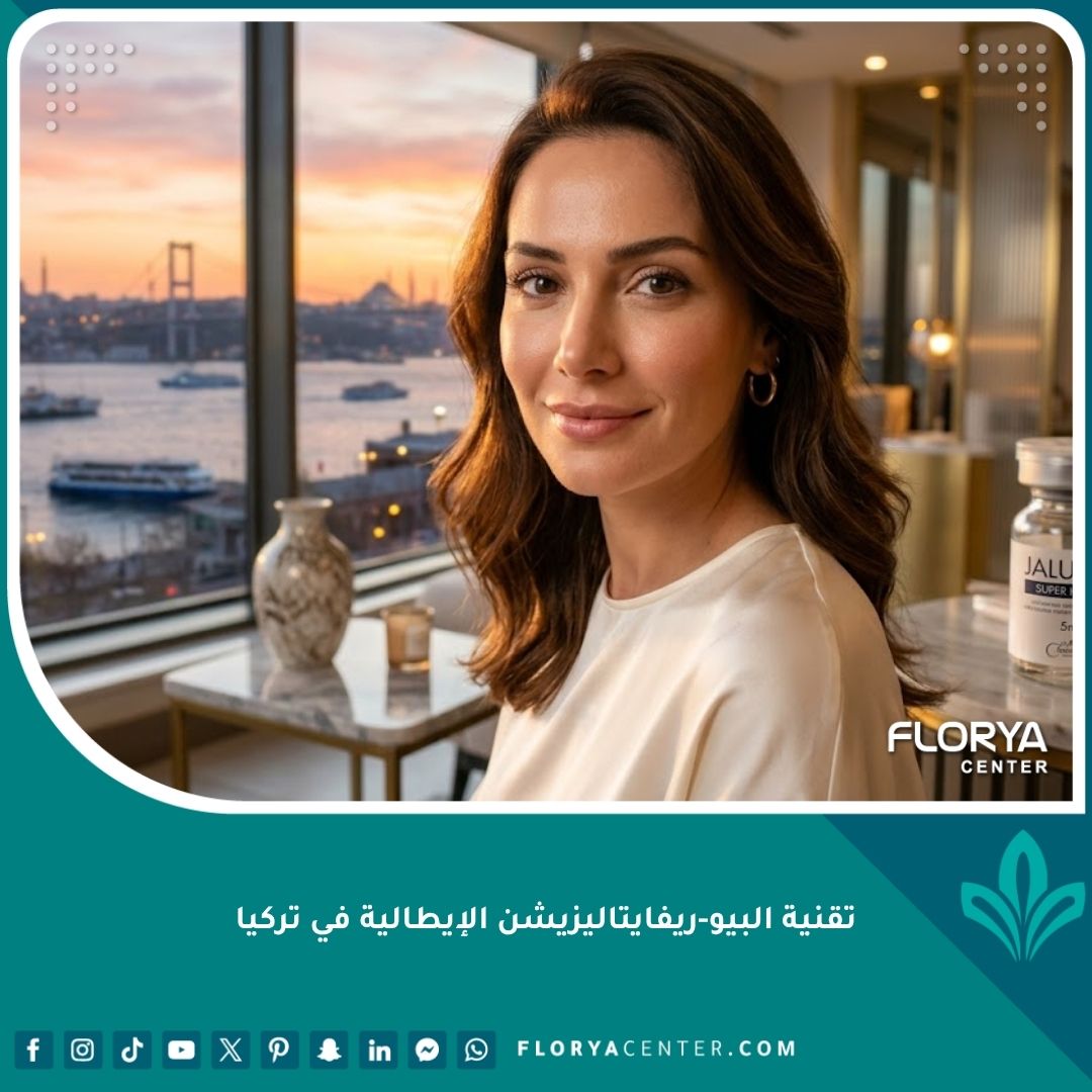 امرأة شابة تتمتع ببشرة متألقة ومشدودة بعد الخضوع لجلسة البيو-ريفايتاليزيشن الإيطالية في إسطنبول، تركيا. تظهر زجاجة جالو برو في الخلفية.