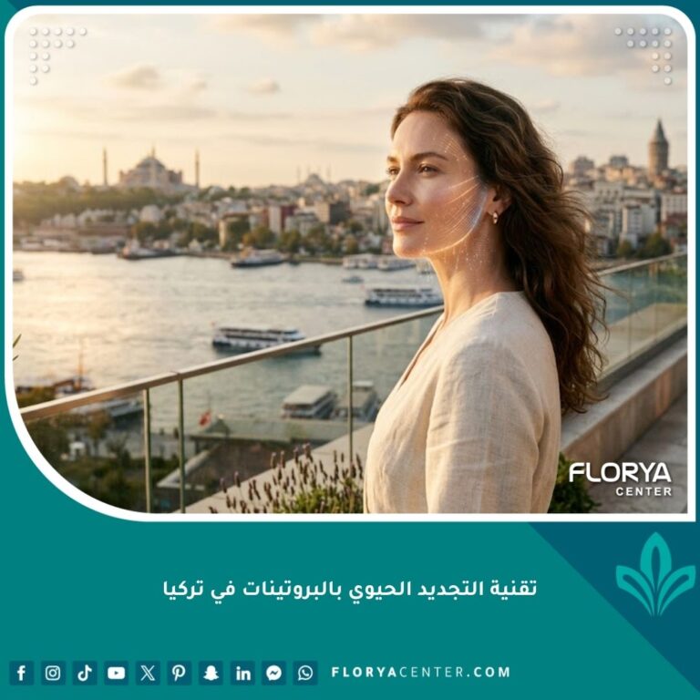 امرأة شابة وجميلة تطل على مضيق البوسفور في إسطنبول، بشرتها متألقة ومشدودة بفضل تقنية التجديد الحيوي بالبروتينات في تركيا.