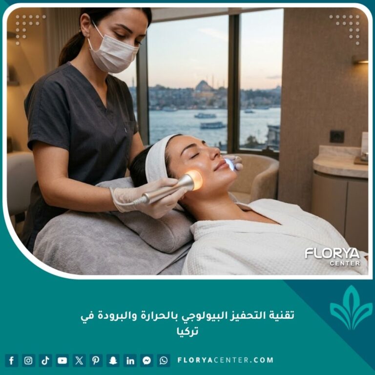 جلسة علاجية بتقنية التحفيز البيولوجي بالحرارة والبرودة للوجه في عيادة تجميل فخمة في اسطنبول تركيا، تظهر سيدة تسترخي بينما يطبق المعالج جهازاً يجمع بين الحرارة والبرودة لشد الجلد وتحسين الدورة الدموية.