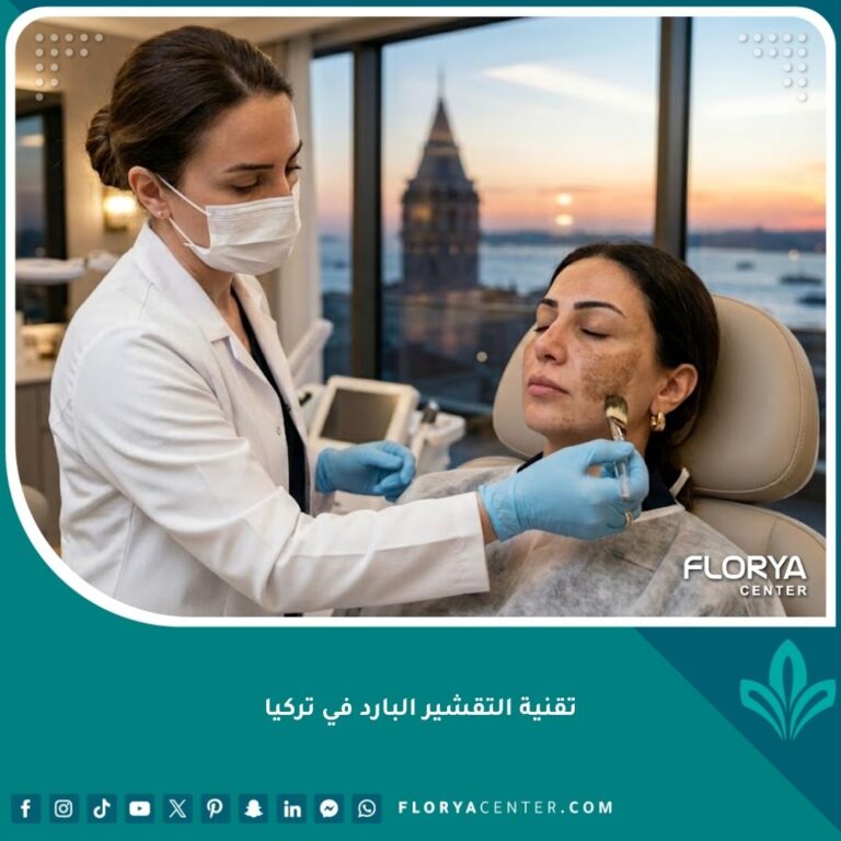 طبيبة جلدية تركية تطبق قناع التقشير البارد (Cosmelan) على وجه مريضة تعاني من الكلف في عيادة بمدينة إسطنبول، مع إطلالة بانورامية على مضيق البوسفور.