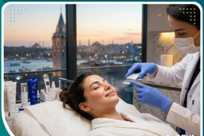جلسة تنظيف البشرة وإزالة الزوان بجهاز الموجات فوق الصوتية (Ultrasonic Scrubber) في عيادة تجميل راقية في تركيا، وتظهر المريضة مسترخية مع إطلالة على اسطنبول.
