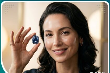 صورة مميزة تظهر النتيجة النهائية المذهلة لبشرة ناعمة ومشرقة بعد الخضوع لتقنية التقشير ببلورات الياقوت في تركيا، حيث تمسك المرأة ببلورة ياقوت زرقاء.