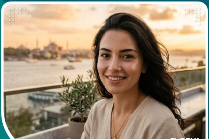 صورة لامرأة تركية ببشرة متألقة وناضرة بعد جلسة جلو بيل الفورية في إسطنبول، تطل على البسفور.