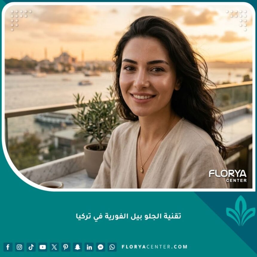 صورة لامرأة تركية ببشرة متألقة وناضرة بعد جلسة جلو بيل الفورية في إسطنبول، تطل على البسفور.