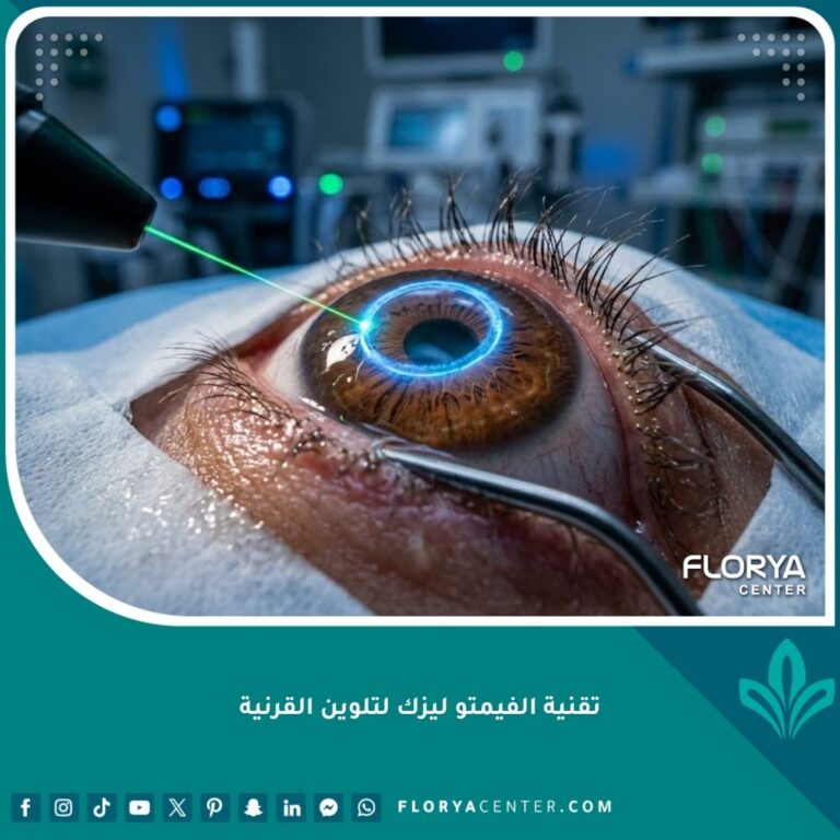 لقطة قريبة سينمائية دقيقة لعملية تلوين القرنية باستخدام ليزر الفيمتو ثانية (الفيمتو ليزك) في عيادة عيون متطورة، تظهر دقة شعاع الليزر في تفتيح ممرات الصبغة.
