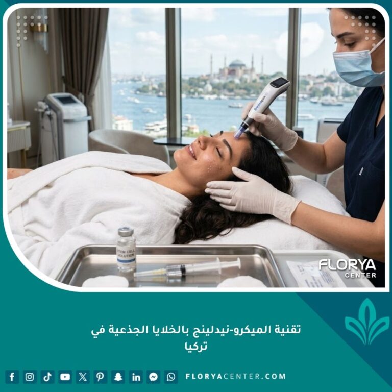 امرأة تخضع لجلسة الوخز بالإبر الدقيقة والخلايا الجذعية في عيادة تجميلية فاخرة في إسطنبول، تركيا، مع إطلالة على البوسفور وآيا صوفيا.