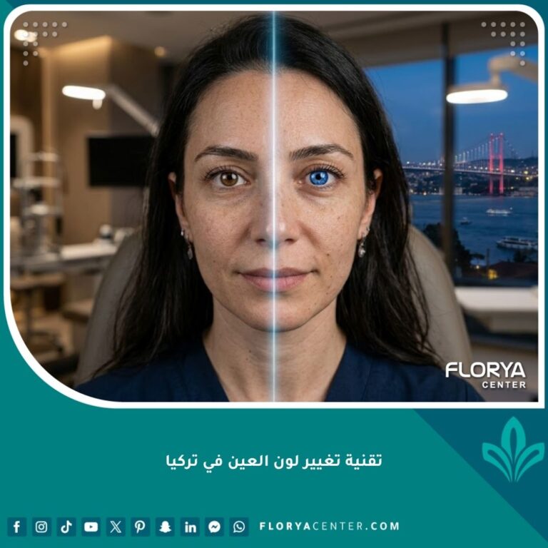 غلاف مقال عن تقنيات تغيير لون العين في تركيا، يظهر عينين بألوان مختلفة (بني وأزرق) بشكل سينمائي احترافي، يرمز لعملية التحول والخيارات المتاحة في عيادات إسطنبول.