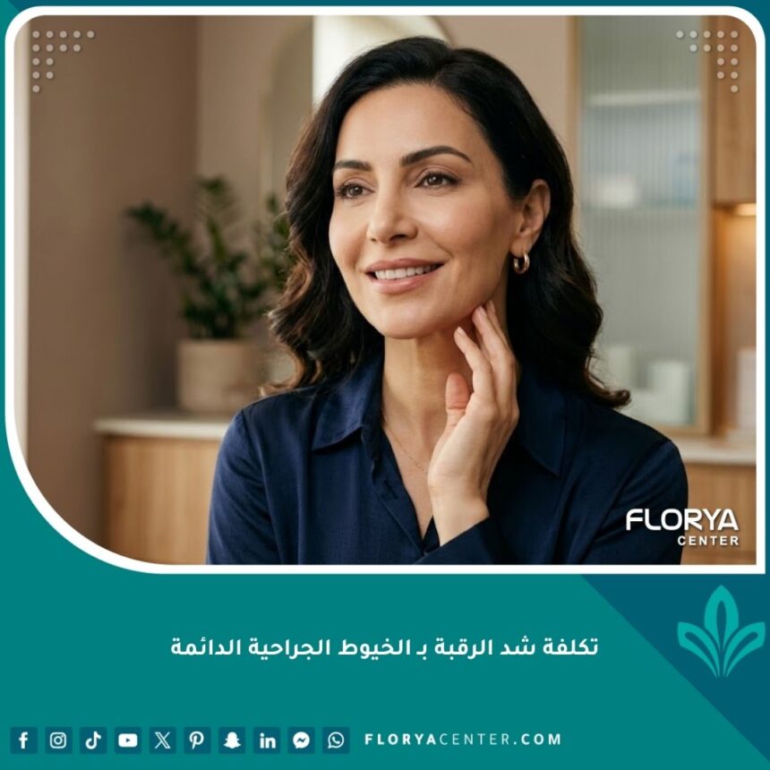 امرأة ذات ملامح جذابة ورقبة مشدودة كأفضل نتيجة بعد عملية شد الرقبة بالخيوط الجراحية الدائمة.