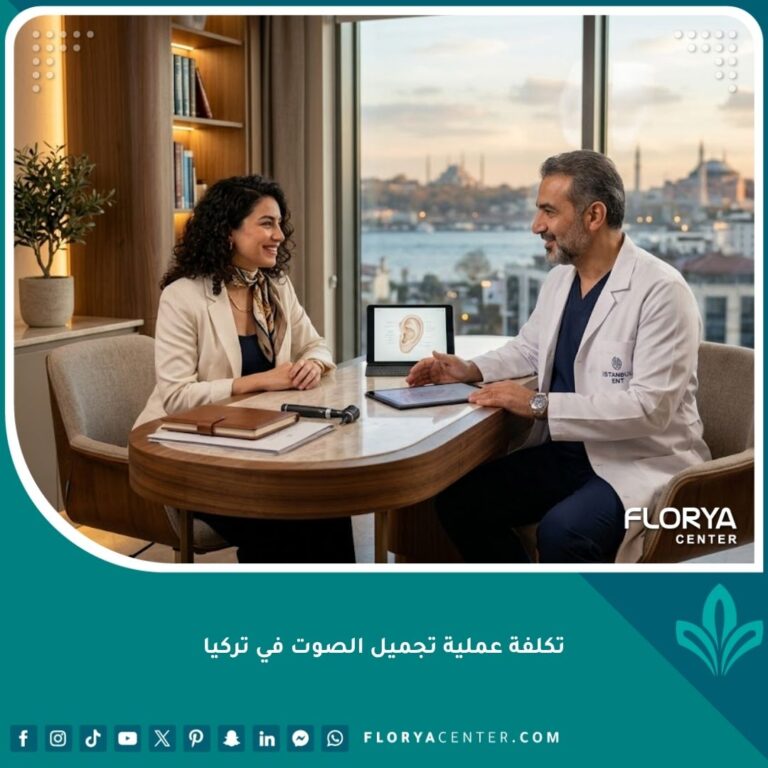 طبيب متخصص يستعرض تكلفة عملية تجميل الصوت في تركيا مع مريض داخل عيادة حديثة في اسطنبول.