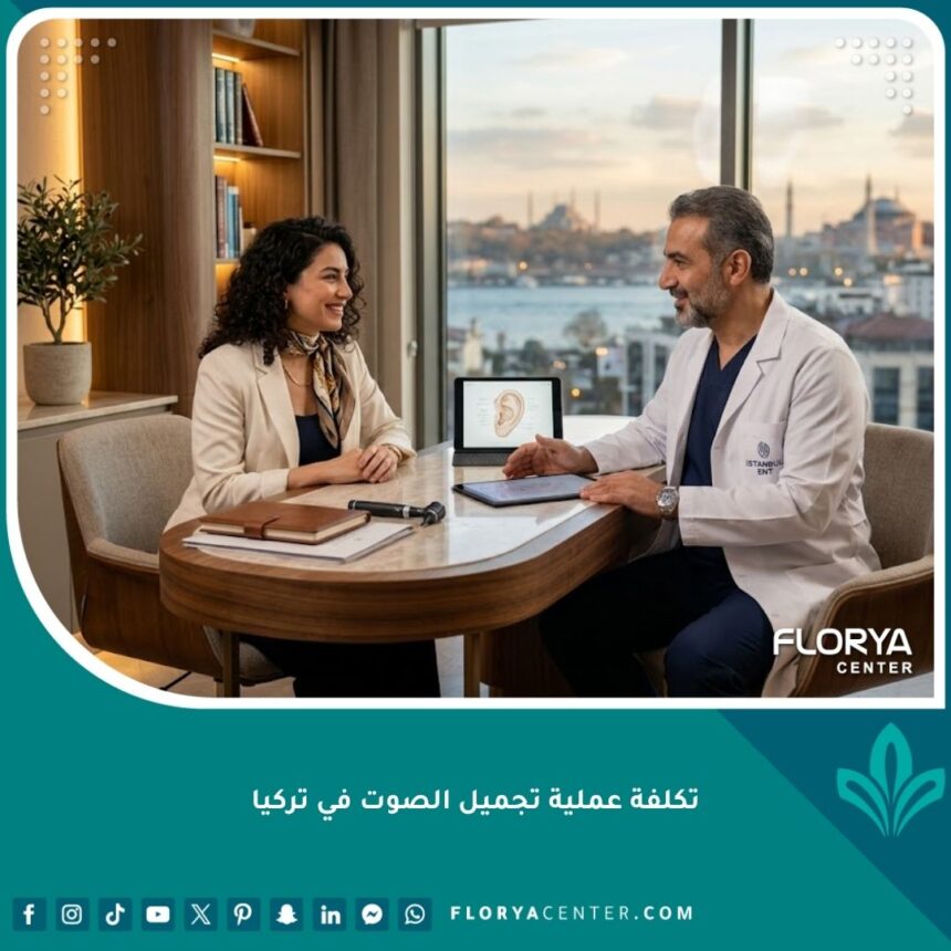 طبيب متخصص يستعرض تكلفة عملية تجميل الصوت في تركيا مع مريض داخل عيادة حديثة في اسطنبول.