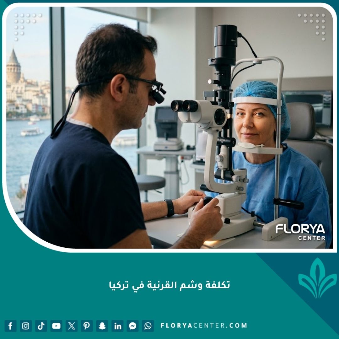 طبيبة عيون تجري فحصًا دقيقًا لعين مريض في عيادة حديثة باسطنبول، مع إطلالة على البوسفور في الخلفية، تمهيدًا لعملية وشم القرنية.
