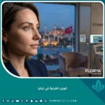 صورة سينمائية لامرأة بعد عملية تلوين القرنية الناجحة في تركيا، تظهر مظهرًا طبيعيًا جذابًا في عيادة فاخرة تطل على إسطنبول.