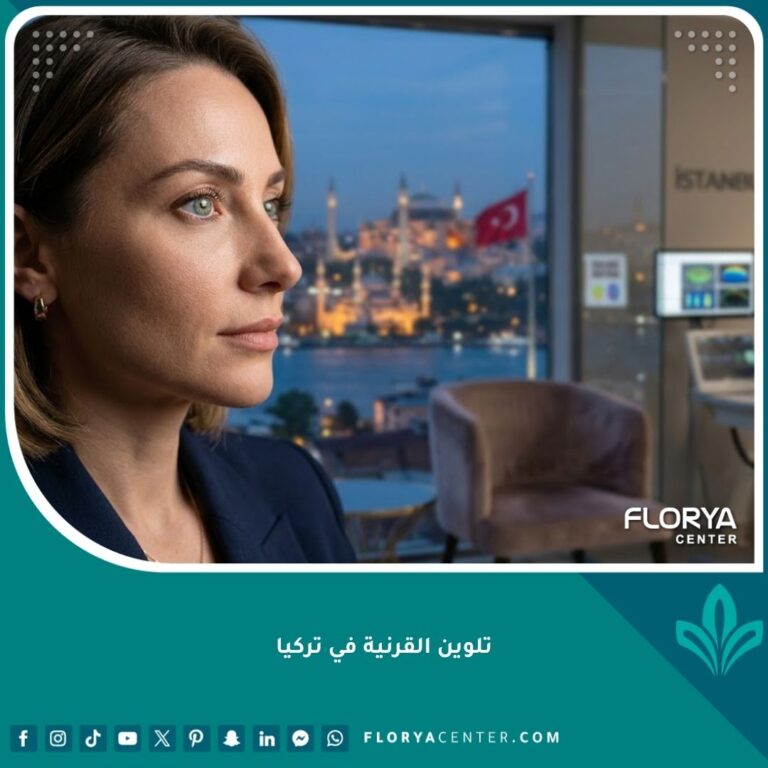 صورة سينمائية لامرأة بعد عملية تلوين القرنية الناجحة في تركيا، تظهر مظهرًا طبيعيًا جذابًا في عيادة فاخرة تطل على إسطنبول.