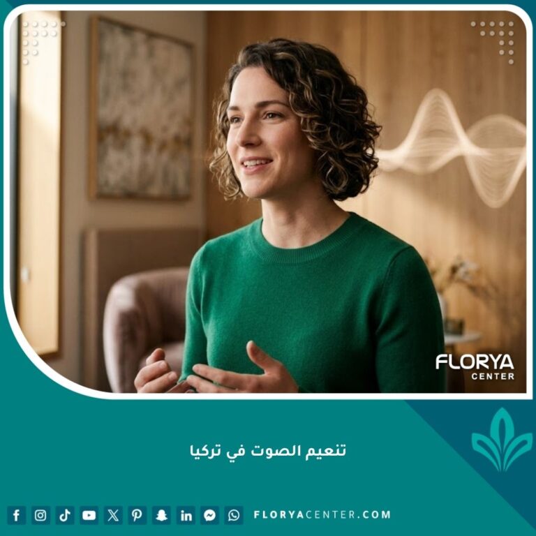 صورة سينمائية لامرأة تتحدث بثقة وسعادة بعد عملية تنعيم الصوت الناجحة في تركيا.
