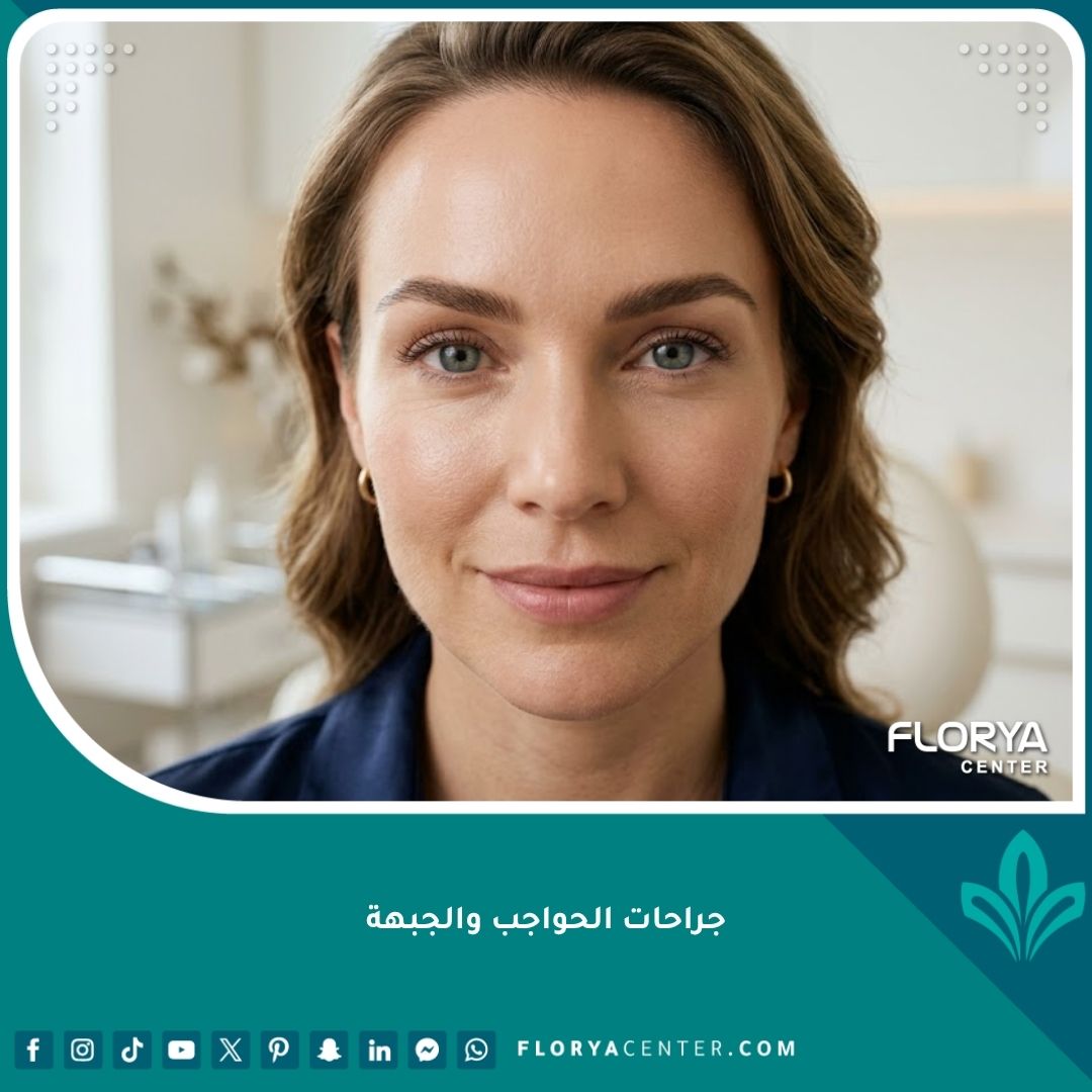 صورة مقربة لوجه بملامح شابة وجبهة مشدودة وحواجب مرفوعة تمثل النتائج المثالية لعمليات جراحات الحواجب والجبهة.