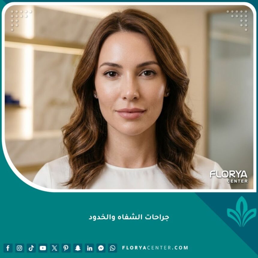 صورة مقربة لوجه امرأة تبرز جمال وتناسق ملامح الوجه بعد جراحات الشفاه والخدود التجميلية الدائمة.