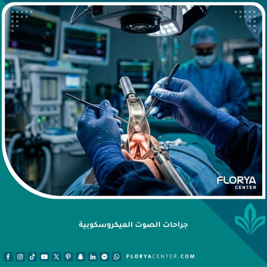 صورة سينمائية دقيقة تظهر يدي جراح متخصص يستخدم المجهر والأدوات الدقيقة لإجراء عملية جراحية للأحبال الصوتية، مع تسليط الضوء على الدقة الطبية العالية.
