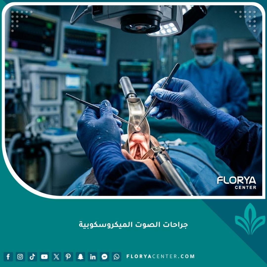 صورة سينمائية دقيقة تظهر يدي جراح متخصص يستخدم المجهر والأدوات الدقيقة لإجراء عملية جراحية للأحبال الصوتية، مع تسليط الضوء على الدقة الطبية العالية.