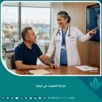 طبيب أنف وأذن وحنجرة يناقش جراحة الصوت مع مريض في عيادة حديثة في اسطنبول، تركيا.