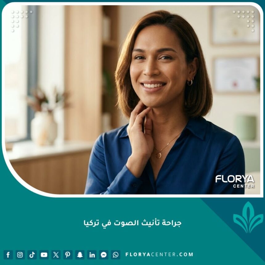 امرأة مبتسمة بثقة بعد خضوعها لعملية تأنيث الصوت في تركيا بنجاح.