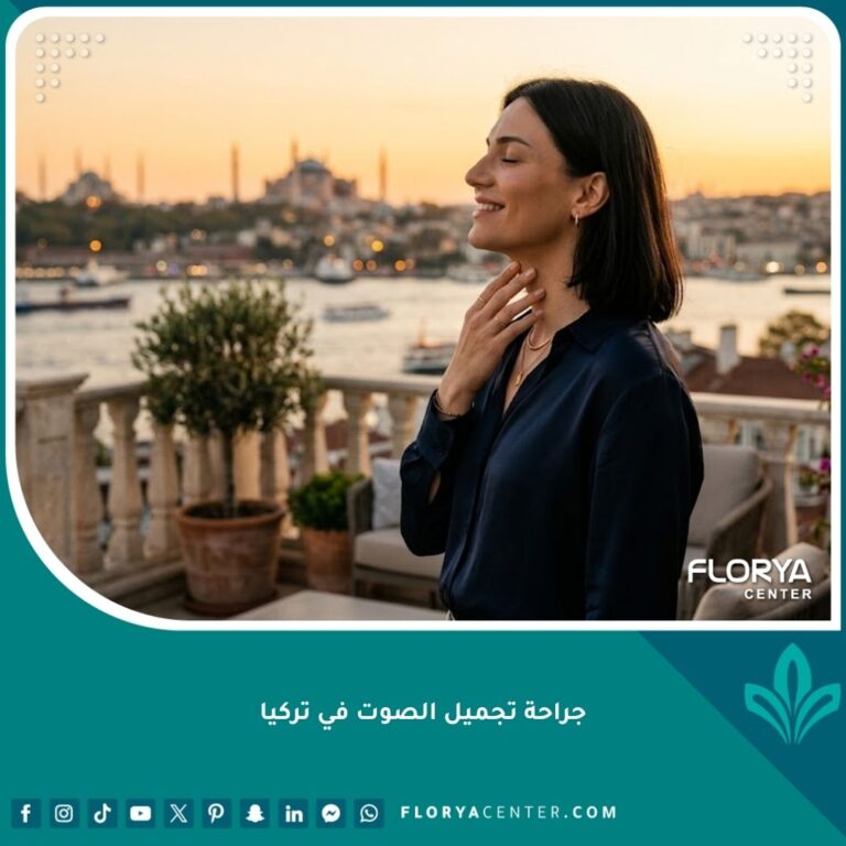 شخص يشعر بالثقة ويمسك حنجرته بلطف وخلفه بانوراما اسطنبول عند الغروب، ترمز لنجاح جراحة تجميل الصوت في تركيا.