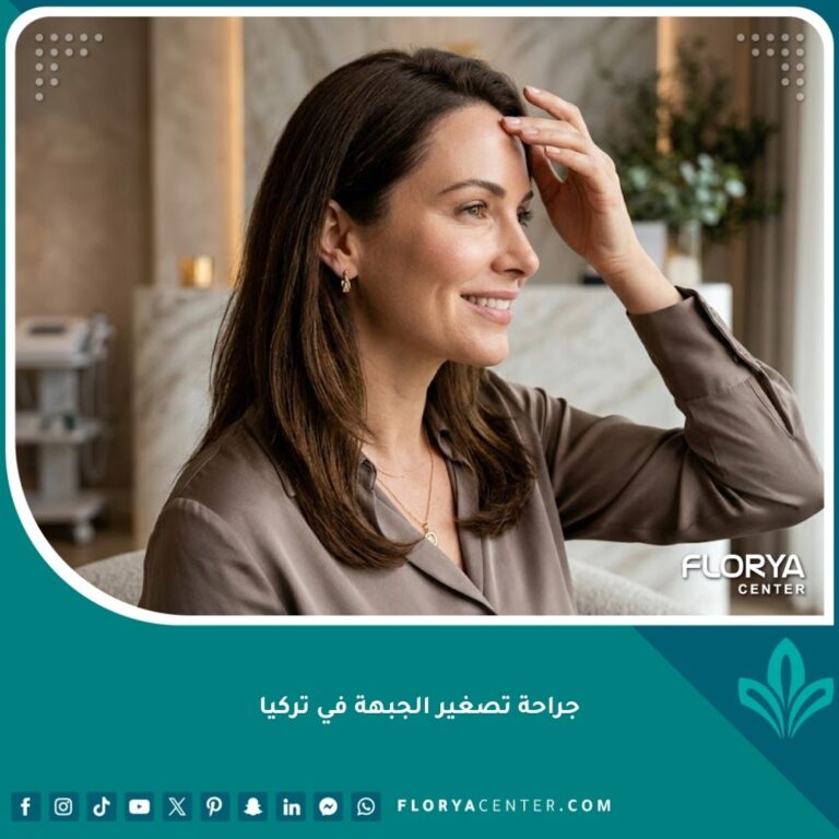 امرأة جميلة تبتسم بثقة وتلمس جبهتها المتناسقة بعد نجاح جراحة تصغير الجبهة في تركيا.
