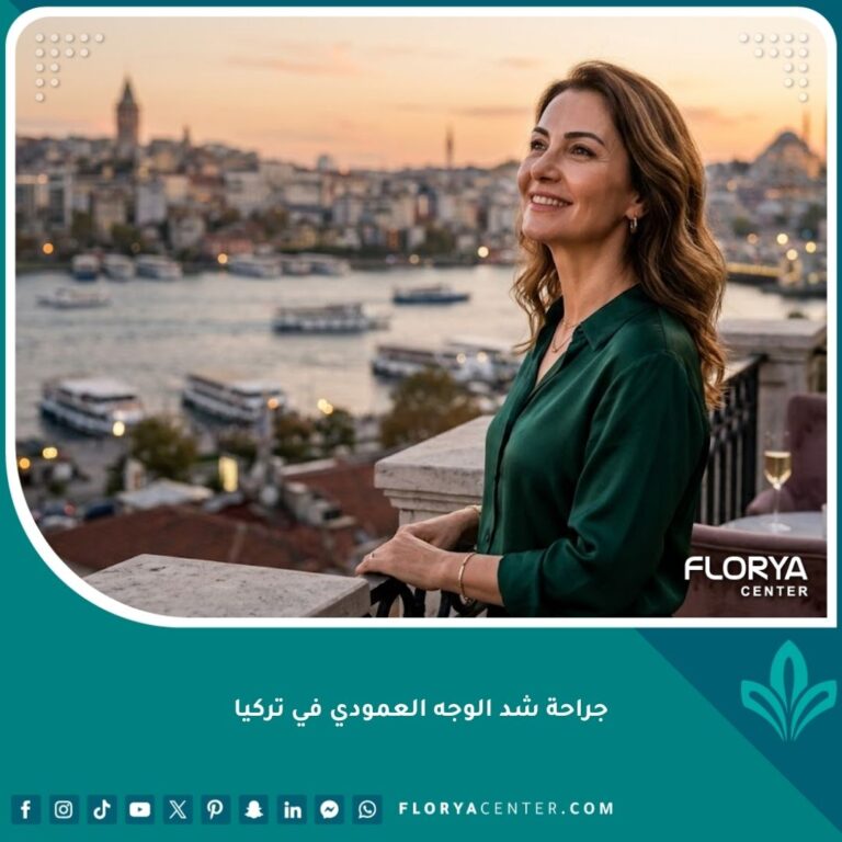 نتيجة طبيعية لعملية شد الوجه العمودي في تركيا لسيدة تظهر ملامح شابّة وغير مشدودة بشكل مبالغ فيه مع إطلالة على البوسفور.