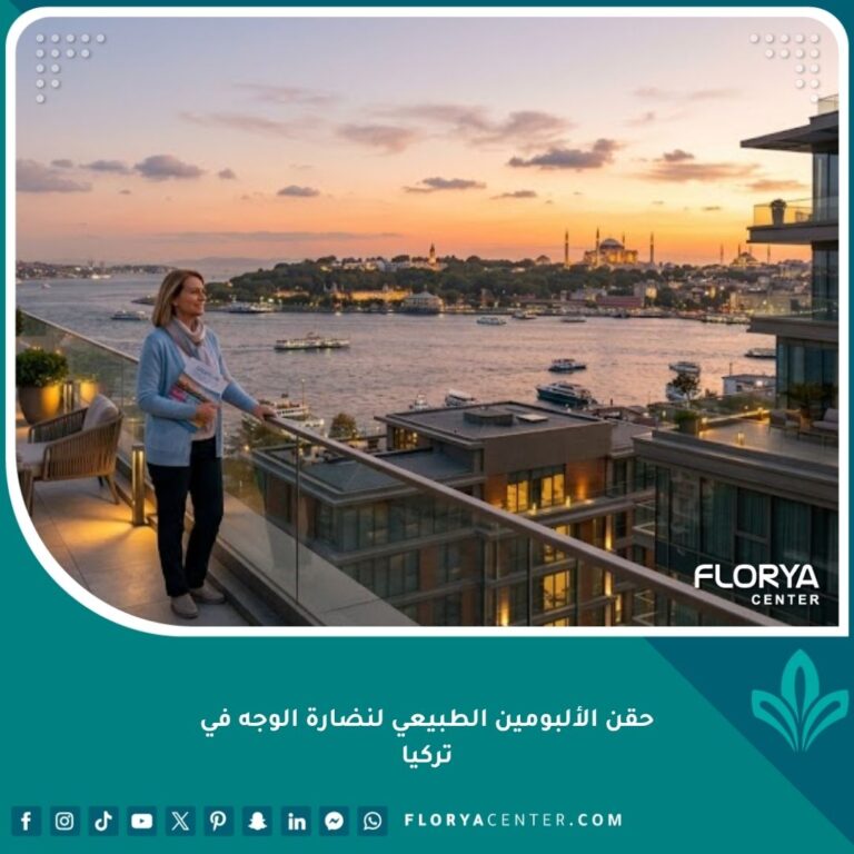 امرأة شابة ذات بشرة متوهجة ونضرة بعد الخضوع لحقن الألبومين الطبيعي للوجه في عيادة تجميل في إسطنبول، تركيا.