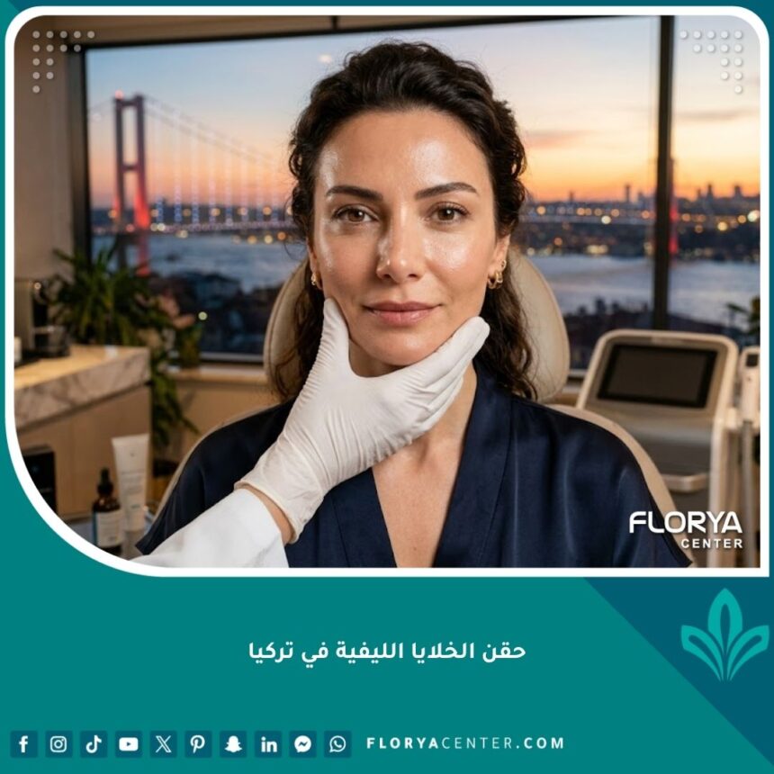 امرأة ذات بشرة نضرة وشابة بعد إجراء حقن الخلايا الليفية في تركيا، مع إطلالة على البوسفور في الخلفية.