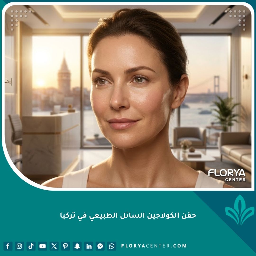 امرأة تتمتع بنضارة وامتلاء فوري في وجهها بعد حقن الكولاجين السائل الطبيعي في عيادة فاخرة بتركيا.