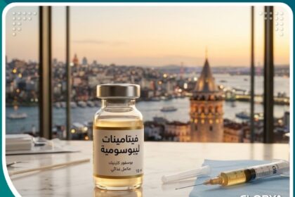 صورة بارزة سينمائية لزجاجة حقن الليبوسوم لتوصيل الفيتامينات في عيادة فاخرة في إسطنبول، تركيا.