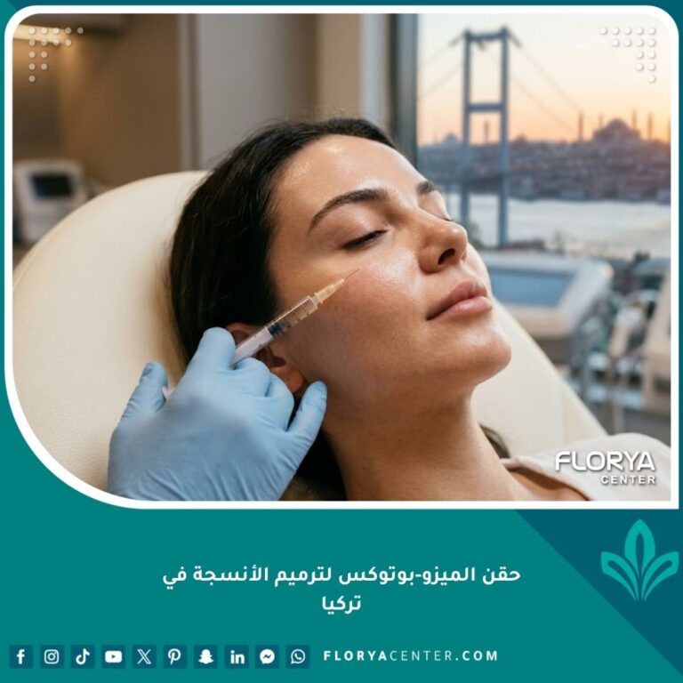 صورة مميزة تظهر سيدة تحصل على حقن الميزو-بوتوكس للحصول على بشرة زجاجية مشدودة في عيادة فاخرة في إسطنبول، مع إطلالة على البوسفور.