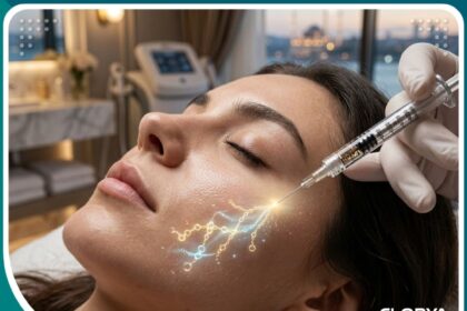 لقطة مكبرة احترافية لعملية حقن النانو-بيبتيد للوجه في عيادة تجميل راقية في تركيا لإعادة بناء الجلد ومحاربة الشيخوخة.