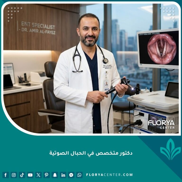 دكتور متخصص في الحبال الصوتية يقف بثقة في عيادته الحديثة ممسكاً بأجهزة فحص الحنجرة متطورة